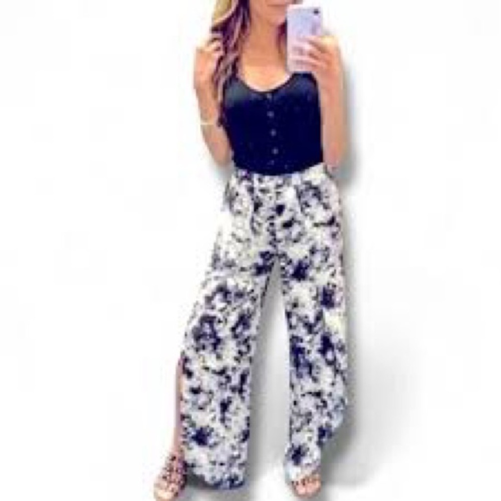 Elegant Black and White Abstract Wide-Leg Pants